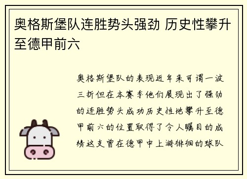 奥格斯堡队连胜势头强劲 历史性攀升至德甲前六